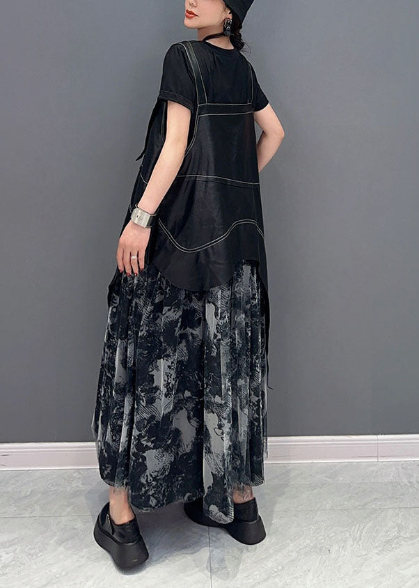 Stylish Black Asymmetrical Patchwork Exra Large Hem Chiffon Strap Dress Summer LY1587 - fabuloryshop