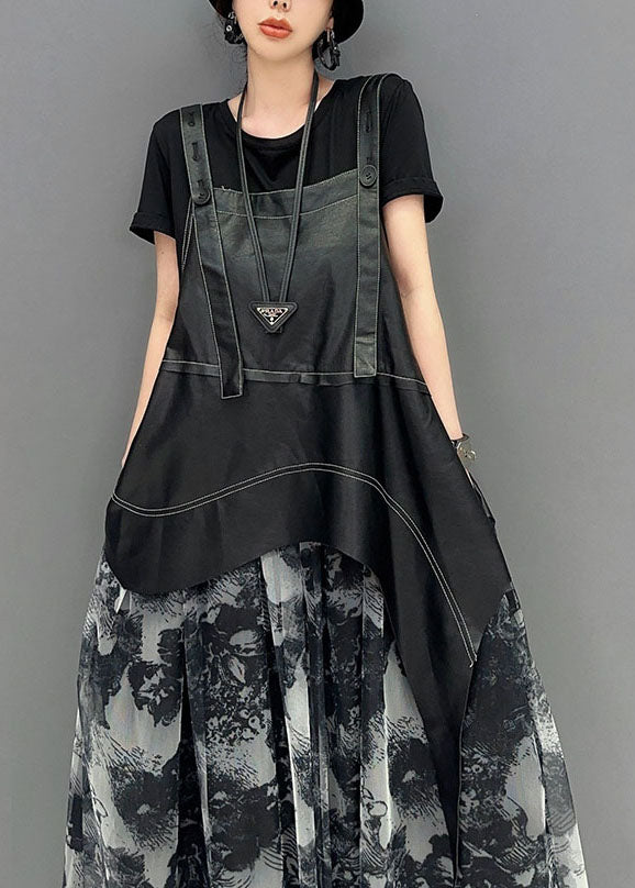 Stylish Black Asymmetrical Patchwork Exra Large Hem Chiffon Strap Dress Summer LY1587 - fabuloryshop