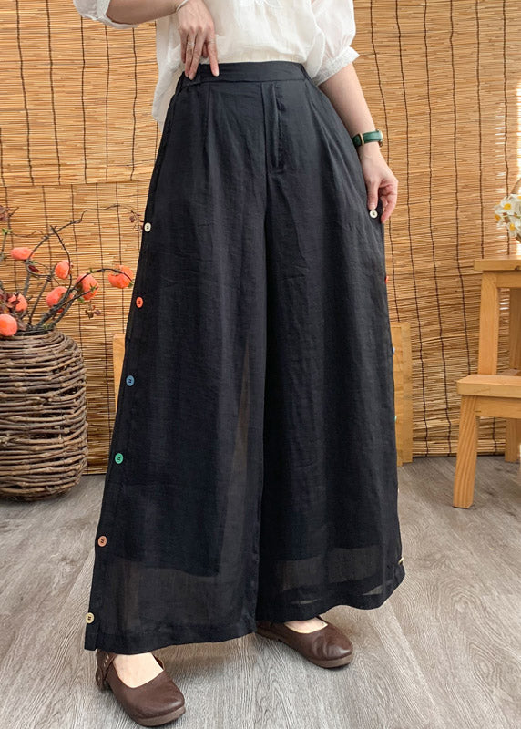 Stylish Black Elastic Waist Button Solid Linen Wide Leg Pants Summer LY4463 - fabuloryshop