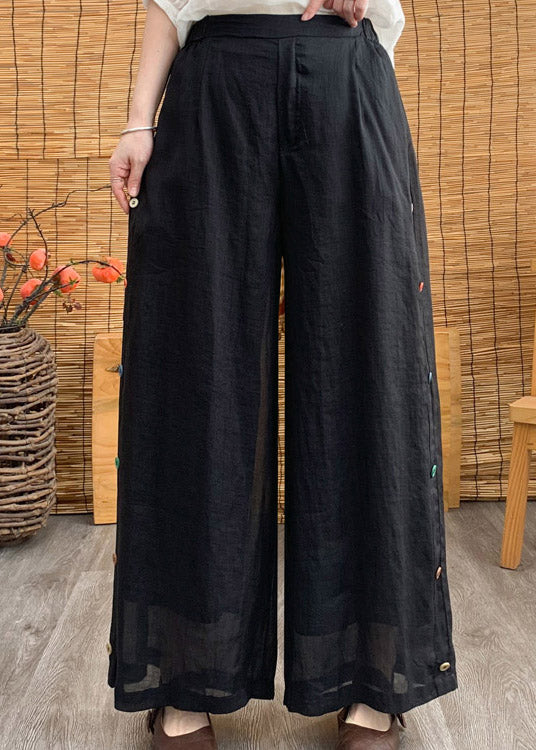 Stylish Black Elastic Waist Button Solid Linen Wide Leg Pants Summer LY4463 - fabuloryshop