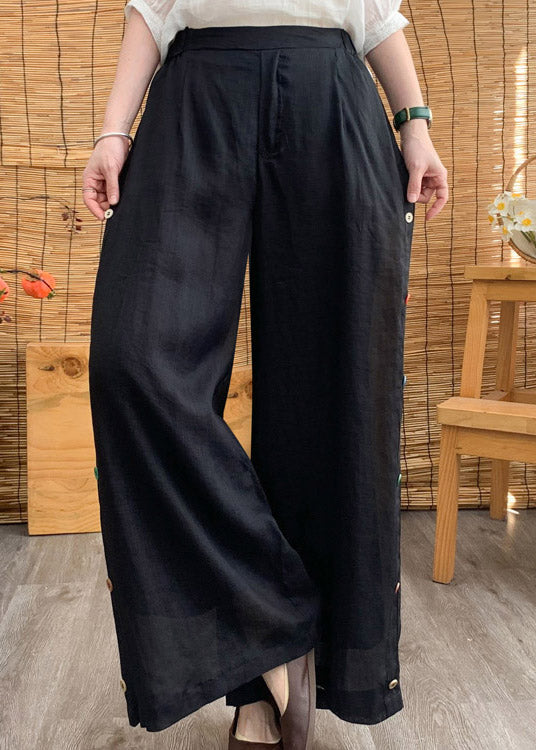 Stylish Black Elastic Waist Button Solid Linen Wide Leg Pants Summer LY4463 - fabuloryshop