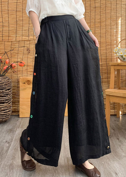 Stylish Black Elastic Waist Button Solid Linen Wide Leg Pants Summer LY4463 - fabuloryshop