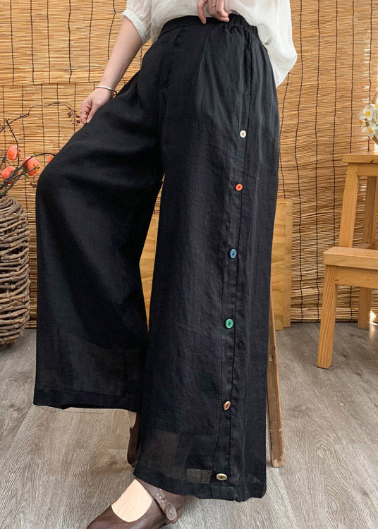 Stylish Black Elastic Waist Button Solid Linen Wide Leg Pants Summer LY4463 - fabuloryshop