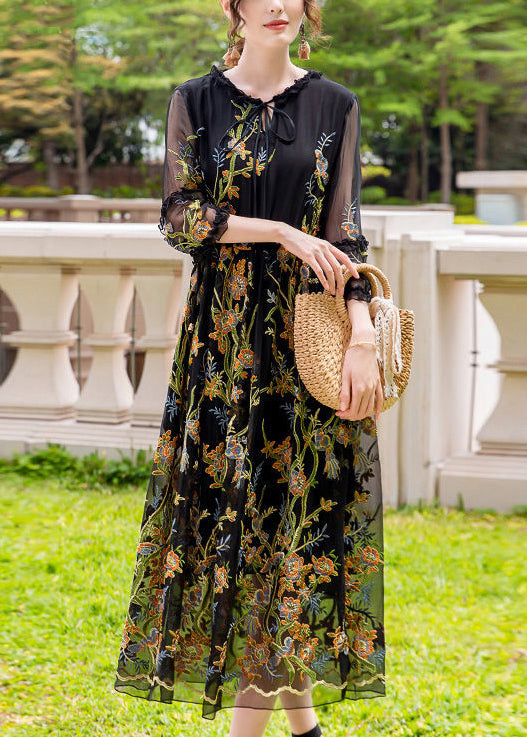 Stylish Black Embroideried Hollow Out Silk Maxi Dresses Summer LY0738 - fabuloryshop