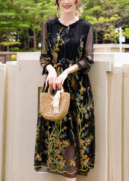 Stylish Black Embroideried Hollow Out Silk Maxi Dresses AC3044 - fabuloryshop