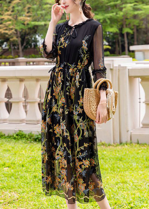 Stylish Black Embroideried Hollow Out Silk Maxi Dresses AC3044 - fabuloryshop