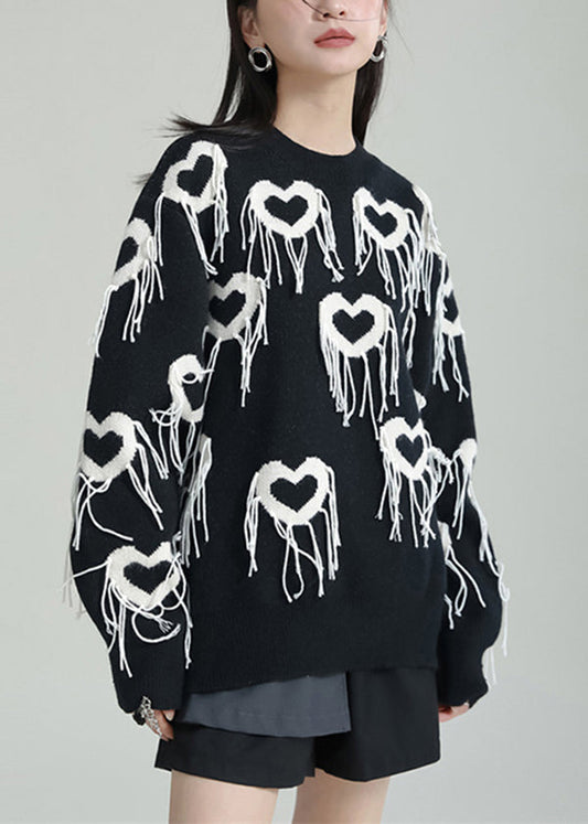 Stylish Black Heart Tasseled Thick Patchwork Knit Sweaters Tops Fall Ada Fashion