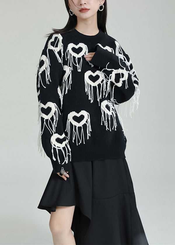 Stylish Black Heart Tasseled Thick Patchwork Knit Sweaters Tops Fall Ada Fashion