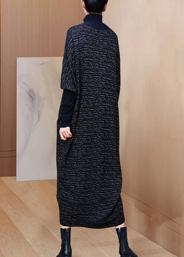 Stylish Black Hign Neck Patchwork Woolen Knitwear Dress Winter Ada Fashion