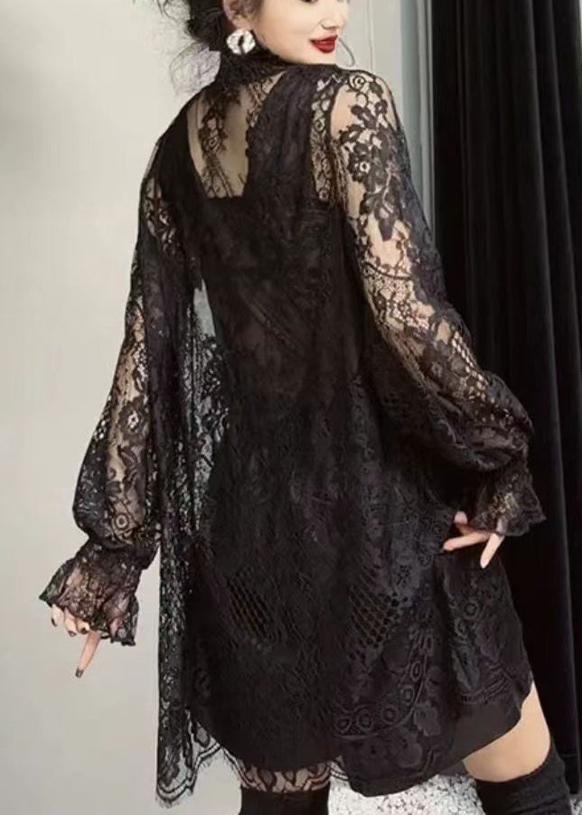 Stylish Black Hollow Out Patchwork Lace Top Fall Ada Fashion
