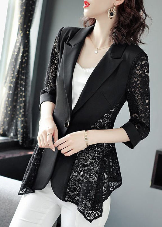 Stylish Black Notched Collar Lace Patchwork Hollow Out Spandex Coats Summer LY0993 - fabuloryshop