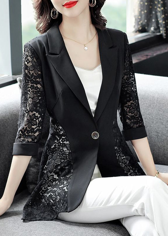 Stylish Black Notched Collar Lace Patchwork Hollow Out Spandex Coats Summer LY0993 - fabuloryshop