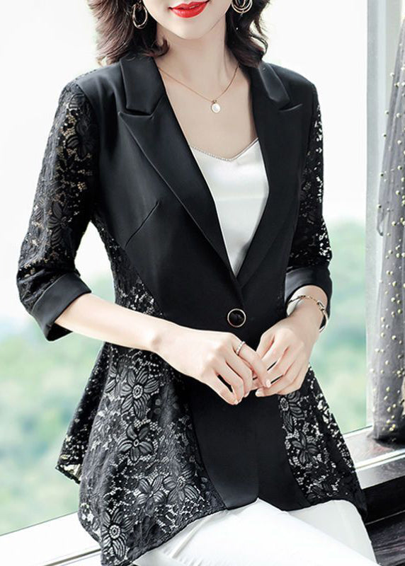 Stylish Black Notched Collar Lace Patchwork Hollow Out Spandex Coats Summer LY0993 - fabuloryshop