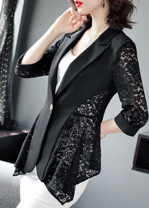 Stylish Black Notched Collar Lace Patchwork Hollow Out Spandex Coats Summer LY0993 - fabuloryshop