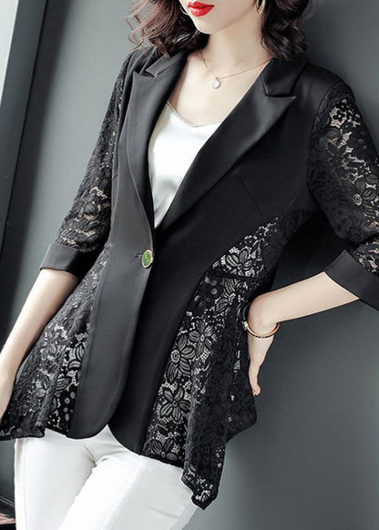 Stylish Black Notched Collar Lace Patchwork Hollow Out Spandex Coats Summer LY0993 - fabuloryshop