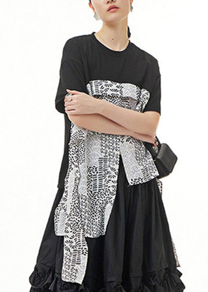 Stylish Black O-Neck Asymmetrical Print Tops Summer LY1210 - fabuloryshop