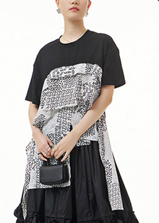 Stylish Black O-Neck Asymmetrical Print Tops Summer LY1210 - fabuloryshop