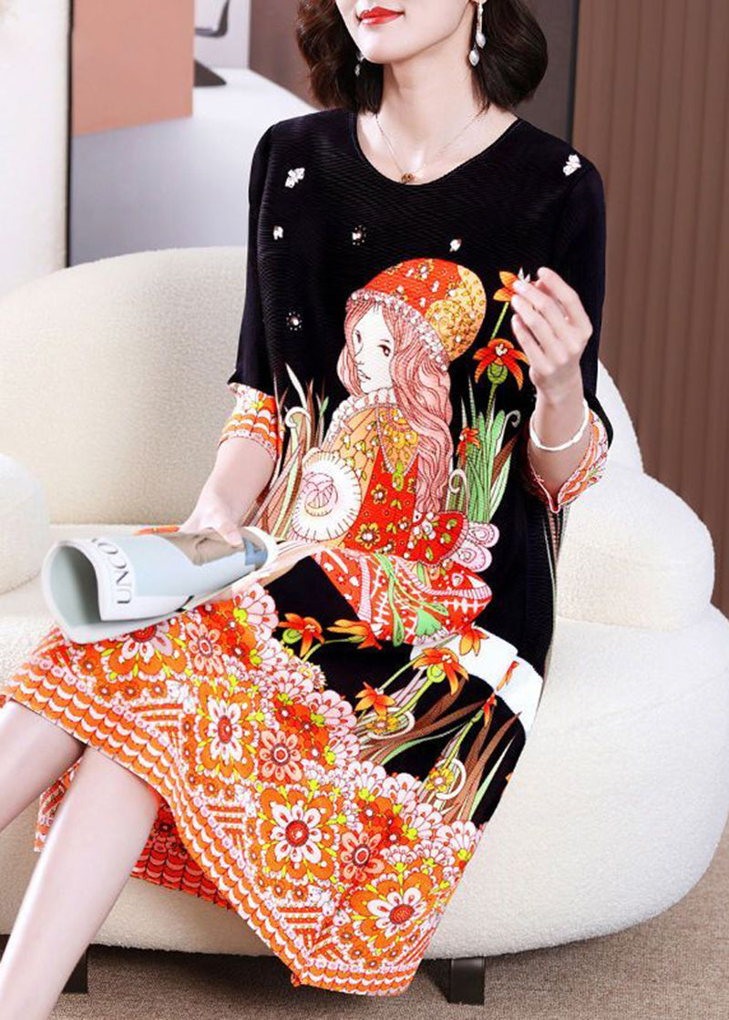 Stylish Black O-Neck Character Print Wrinkled Mid Dress Bracelet Sleeve LY2765 - fabuloryshop