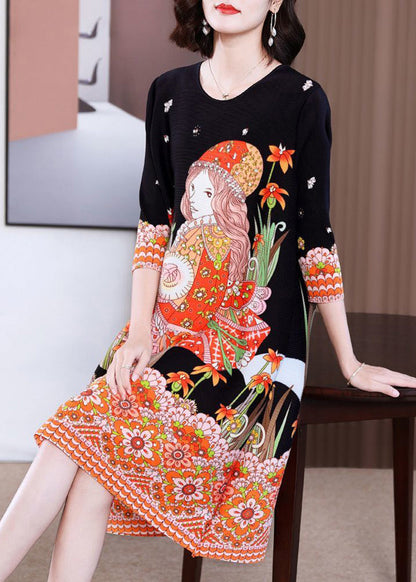 Stylish Black O-Neck Character Print Wrinkled Mid Dress Bracelet Sleeve LY2765 - fabuloryshop