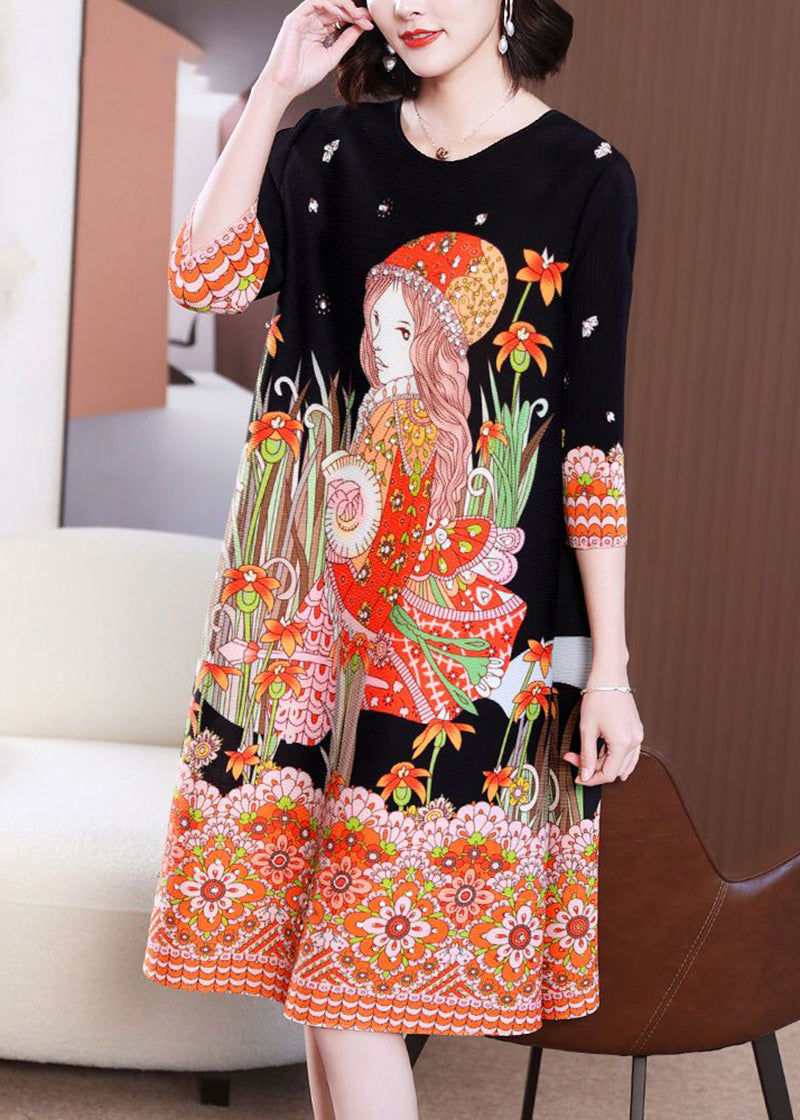 Stylish Black O-Neck Character Print Wrinkled Mid Dress Bracelet Sleeve LY2765 - fabuloryshop