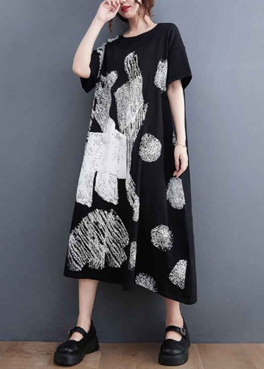 Stylish Black O-Neck Oversized Print Cotton Long Dress Summer LY2380 - fabuloryshop