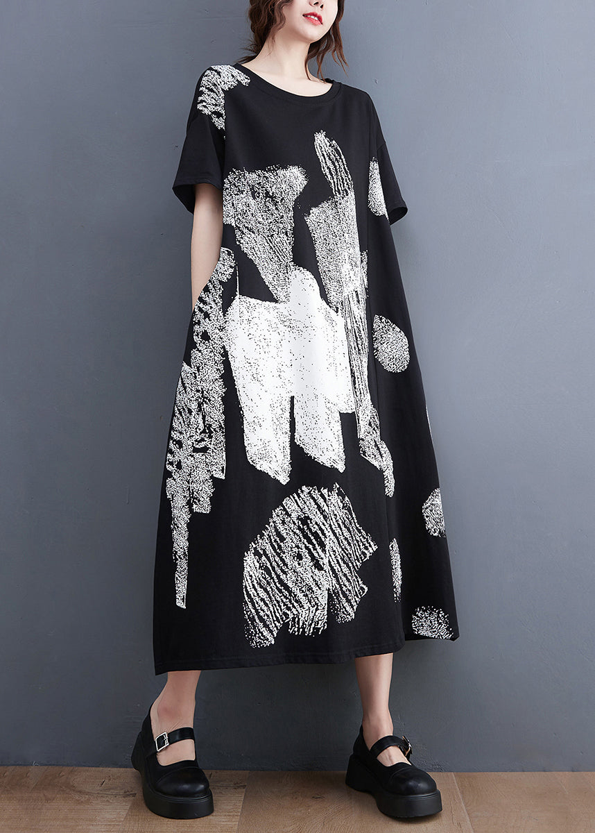 Stylish Black O-Neck Oversized Print Cotton Long Dress Summer LY2380 - fabuloryshop
