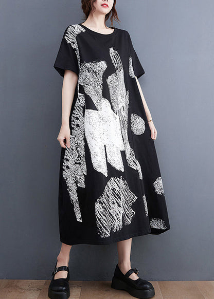 Stylish Black O-Neck Oversized Print Cotton Long Dress Summer LY2380 - fabuloryshop