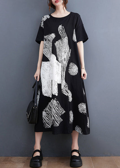 Stylish Black O-Neck Oversized Print Cotton Long Dress Summer LY2380 - fabuloryshop