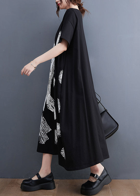 Stylish Black O-Neck Oversized Print Cotton Long Dress Summer LY2380 - fabuloryshop