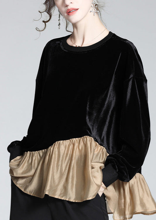 Stylish Black O-Neck Patchwork Velour T Shirt Spring LY0152 - fabuloryshop