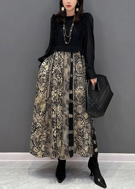 Stylish Black O Neck Print Knit Patchwork Chiffon Dresses Fall Ada Fashion