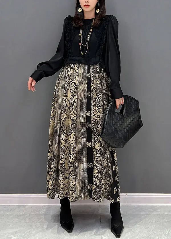 Stylish Black O Neck Print Knit Patchwork Chiffon Dresses Fall Ada Fashion