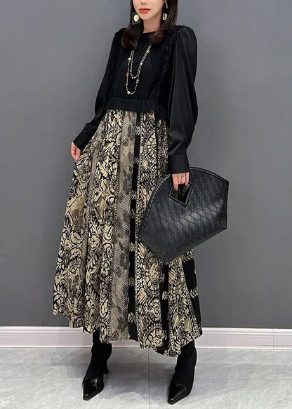 Stylish Black O Neck Print Knit Patchwork Chiffon Dresses Fall Ada Fashion