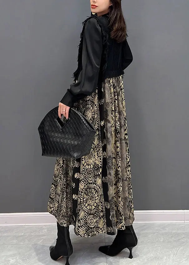 Stylish Black O Neck Print Knit Patchwork Chiffon Dresses Fall Ada Fashion