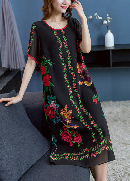 Stylish Black O Neck Print Patchwork Chiffon Dresses Summer Ada Fashion