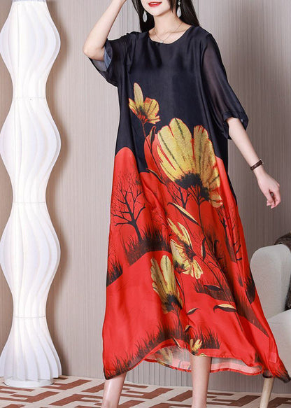 Stylish Black O-Neck Print Silk Holiday Dress Half Sleeve LY3777 - fabuloryshop