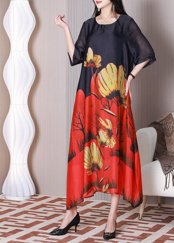 Stylish Black O-Neck Print Silk Holiday Dress Half Sleeve LY3777 - fabuloryshop