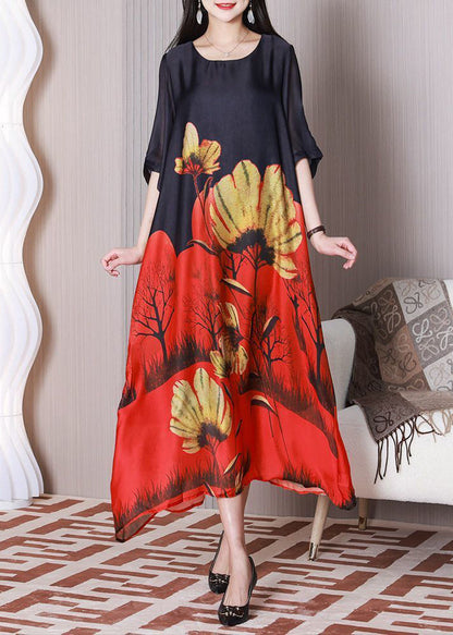 Stylish Black O-Neck Print Silk Holiday Dress Half Sleeve LY3777 - fabuloryshop