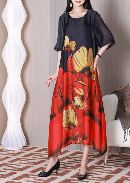 Stylish Black O-Neck Print Silk Holiday Dress Half Sleeve LY3777 - fabuloryshop