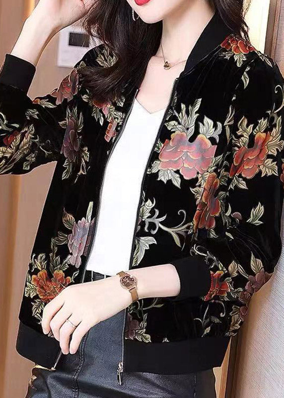 Stylish Black O-Neck Print Zippered Velour Coats Long Sleeve LY3789 - fabuloryshop