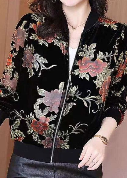 Stylish Black O-Neck Print Zippered Velour Coats Long Sleeve LY3789 - fabuloryshop