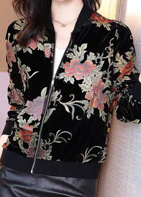 Stylish Black O-Neck Print Zippered Velour Coats Long Sleeve LY3789 - fabuloryshop