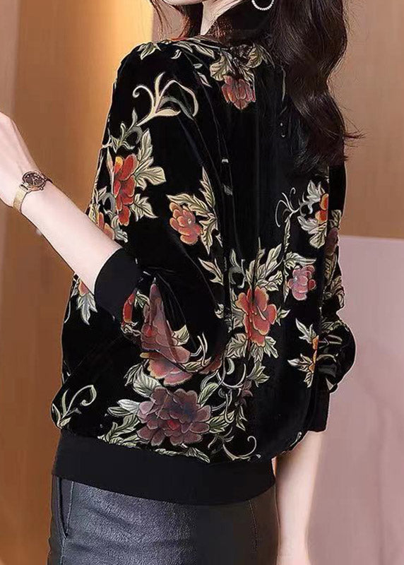 Stylish Black O-Neck Print Zippered Velour Coats Long Sleeve LY3789 - fabuloryshop