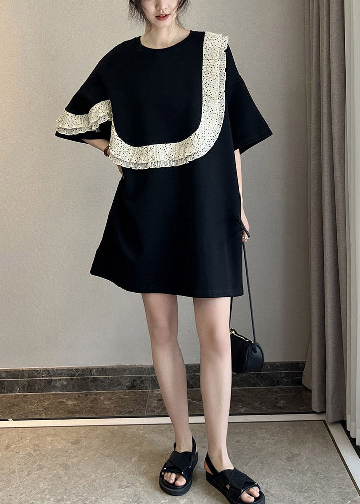 Stylish Black O-Neck Ruffled Patchwork Mid Dresses Short Sleeve LY3000 - fabuloryshop