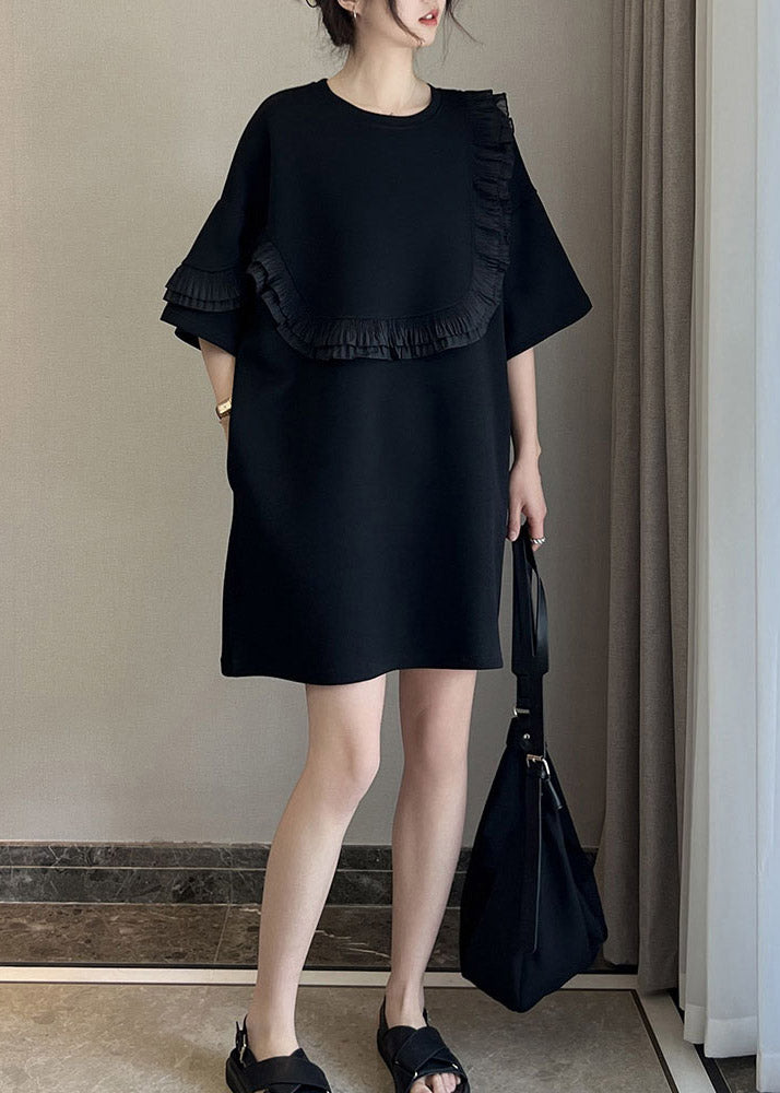 Stylish Black O-Neck Ruffled Patchwork Mid Dresses Short Sleeve LY3000 - fabuloryshop