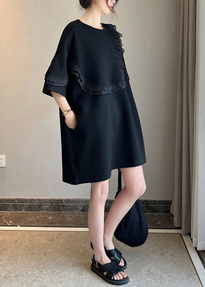 Stylish Black O-Neck Ruffled Patchwork Mid Dresses Short Sleeve LY3000 - fabuloryshop