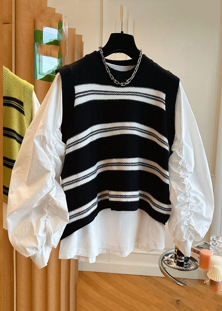 Stylish Black O-Neck Striped Patchwork Knit Waistcoat And Shirts Two Pieces Set Long Sleeve Ada Fashion