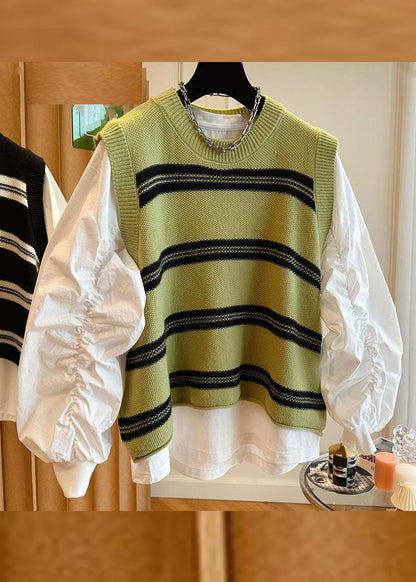 Stylish Black O-Neck Striped Patchwork Knit Waistcoat And Shirts Two Pieces Set Long Sleeve Ada Fashion