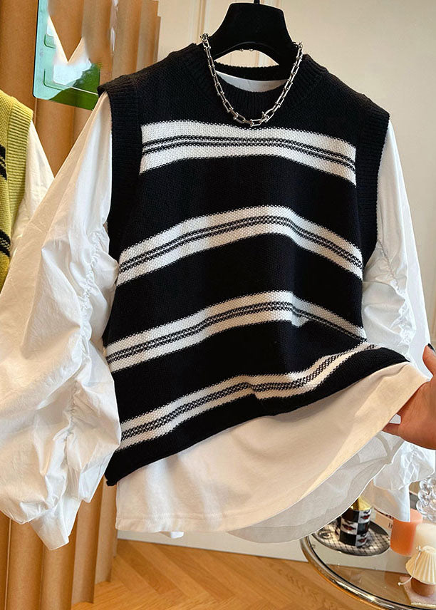 Stylish Black O-Neck Striped Patchwork Knit Waistcoat And Shirts Two Pieces Set Long Sleeve Ada Fashion