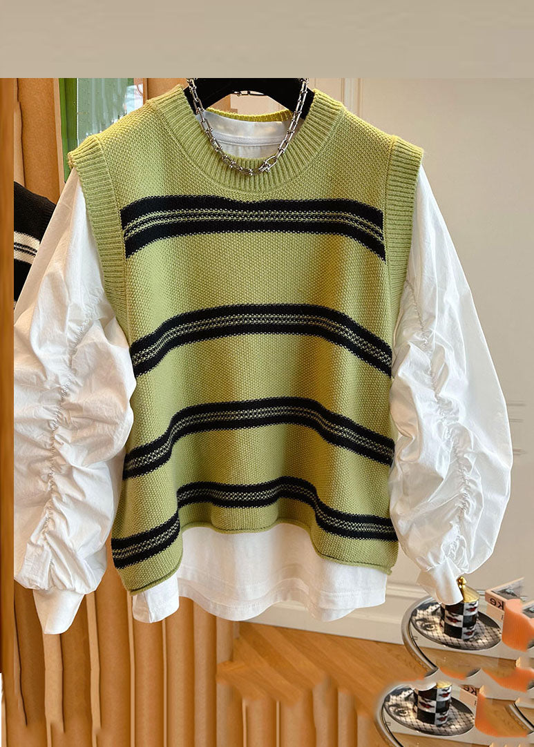 Stylish Black O-Neck Striped Patchwork Knit Waistcoat And Shirts Two Pieces Set Long Sleeve Ada Fashion